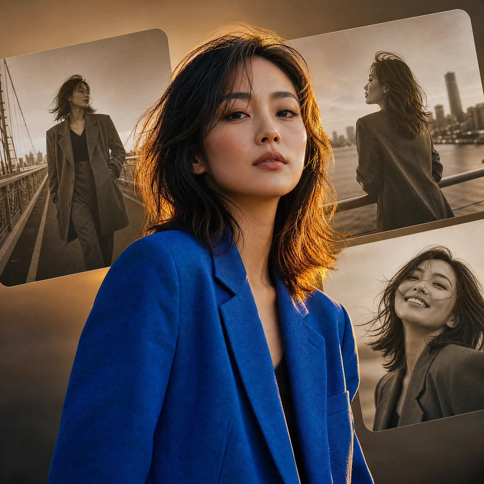 Generated editorial collage with a blue-jacket portrait and three sepia background scenes.